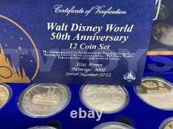 12 Coin Set #0712 Wooden Box Walt Disney World 50th 39mm Solid Bronze Gold Color