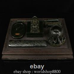 12Old Chinese collect natural Hetian jade Study Seven Treasures set wooden box