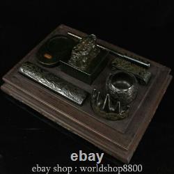 12Old Chinese collect natural Hetian jade Study Seven Treasures set wooden box
