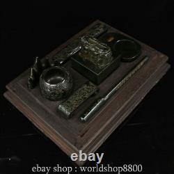 12Old Chinese collect natural Hetian jade Study Seven Treasures set wooden box
