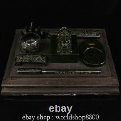 12Old Chinese collect natural Hetian jade Study Seven Treasures set wooden box