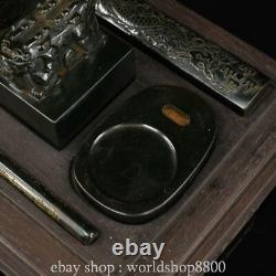 12Old Chinese collect natural Hetian jade Study Seven Treasures set wooden box
