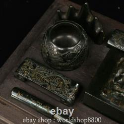 12Old Chinese collect natural Hetian jade Study Seven Treasures set wooden box