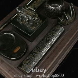 12Old Chinese collect natural Hetian jade Study Seven Treasures set wooden box