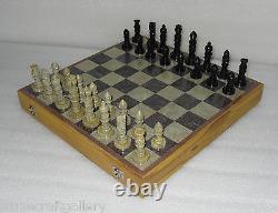 16 Marble Chess Set Handmade Ebony gorara stone pieces wooden Box Travel