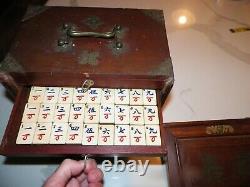 1920's Chinese Bovine Bone & Bamboo Dovetailed Mahjong Set with wooden box