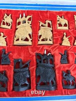1930's Maharaja Rajasthani Indian hand Carved sandlewood Chess pieces set in box