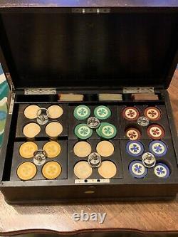 1940's Vintage Abercrombie & Fitch Poker Chips Set In Wooden Case Box & Cards