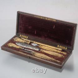 19c Antique French Gilt Silver Writing Set 6pc Wooden Box Case Wax Seal Dip Pen