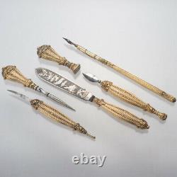 19c Antique French Gilt Silver Writing Set 6pc Wooden Box Case Wax Seal Dip Pen