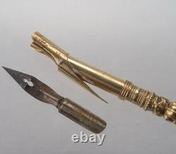 19c Antique French Gilt Silver Writing Set 6pc Wooden Box Case Wax Seal Dip Pen