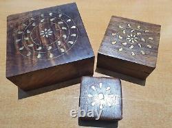 20 x Set of 3 Assorted (10 x Carved & 10 x Brass Inlaid) Square Wooden Boxes