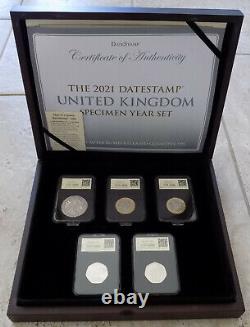 2021 DateStamp UK Specimen Year Set, 5x BU Coins + Wooden Box & COA (Ref. T4615)