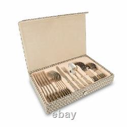 24 Piece Deluxe Stainless. S. Sliver& Gold Cutlery Set in Wooden Box Family D