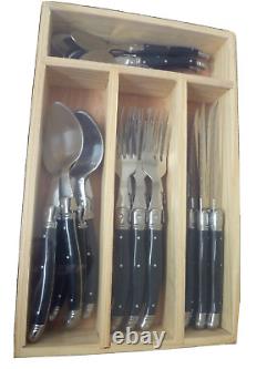 24 Piece Laguiole Bee Design Black Cutlery Set Classy Design In a Wooden Box