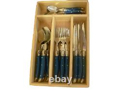 24 Piece Laguiole Bee Design Blue Cutlery Set Classy Design In a Wooden Box