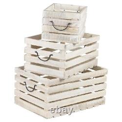 3 Pcs Whitewashed/Natural Rustic Solid Wood Wooden Storage Crate Box Set