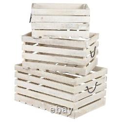 3 Pcs Whitewashed/Natural Rustic Solid Wood Wooden Storage Crate Box Set