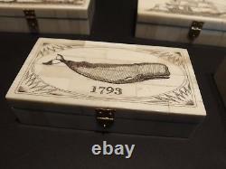 Nice Antique Style Folk Art  Whale Scrimshaw Bone & Wood Trinket Box 1793 