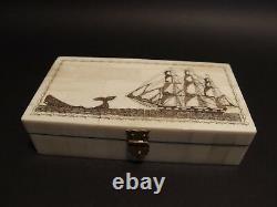 5 Antique Style Folk Art Sail Ship Scrimshaw Etched Bone & Wood Trinket Box set