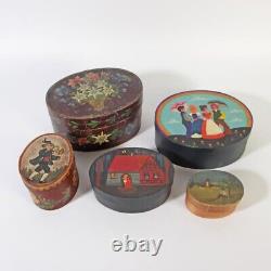 5 Spanschachteln (1 Old) Handpainted Oval Set Partly Signed Motifs