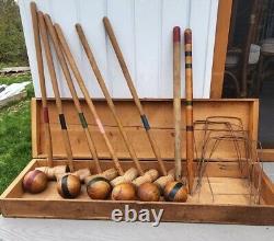 6 Player Antique Croquet Set-Victorian Wooden, Wickets & Orig Storage Crate Box