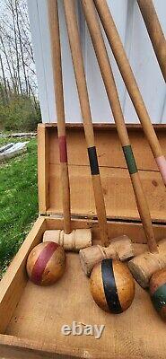 6 Player Antique Croquet Set-Victorian Wooden, Wickets & Orig Storage Crate Box