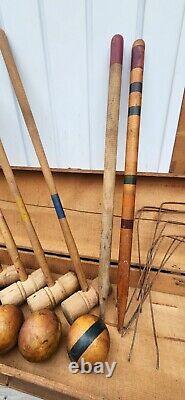 6 Player Antique Croquet Set-Victorian Wooden, Wickets & Orig Storage Crate Box