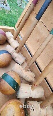 6 Player Antique Croquet Set-Victorian Wooden, Wickets & Orig Storage Crate Box