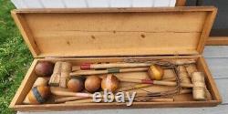 6 Player Antique Croquet Set-Victorian Wooden, Wickets & Orig Storage Crate Box