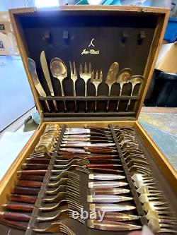 89 Piece Vintage Thaila Dinner Flatware Cutlery Set Bronze Brass With Wooden Box