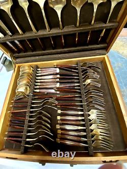 89 Piece Vintage Thaila Dinner Flatware Cutlery Set Bronze Brass With Wooden Box