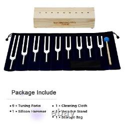 9x Solfeggio Tuning Fork Set with Wooden Voice Box for DNA Healing Sound Therapy