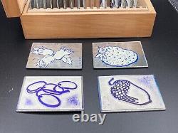 A Set of Vintage French Educational Metal Printing Stamps of Fruits Wooden Box