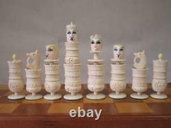ANTIQUE / VINTAGE MEXICAN COW BONE LITTLE FACES CHESS SET K125 mm AND BOX BOARD