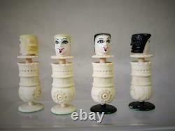 ANTIQUE / VINTAGE MEXICAN COW BONE LITTLE FACES CHESS SET K125 mm AND BOX BOARD