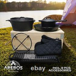 AREBOS Dutch Oven BBQ Set made of cast iron with wooden box including protective
