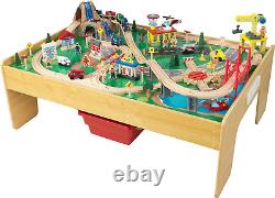 Adventure Town Wooden Train Table with Storage Boxes, Train Track Set with Woode