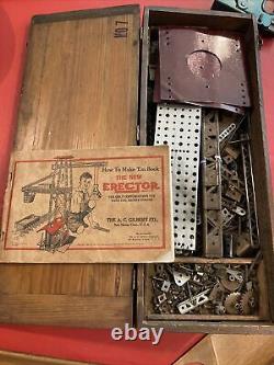 Antique A. C. GILBERT ERECTOR SET No. 7 IN Pre-1930's WOODEN BOX 1936 Manual