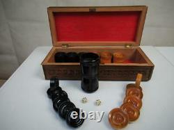 Antique Backgammon Chekers Counters Set Of 30 And Dice & Shaker + Sadeli Box