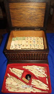 Antique Bone And Bamboo Mahjong Set In Wooden Box / Mah Jong Game 148 Tiles