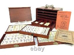 Antique Bone And Bamboo Mahjong Set In Wooden Travel Case / Box Mah Jong Game