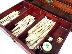 Antique Bone And Bamboo Mahjong Set In Wooden Travel Case / Box Mah Jong Game