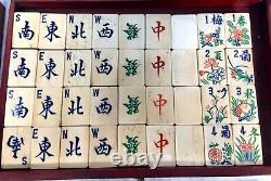 Antique Bone And Bamboo Mahjong Set In Wooden Travel Case / Box Mah Jong Game