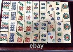 Antique Bone And Bamboo Mahjong Set In Wooden Travel Case / Box Mah Jong Game