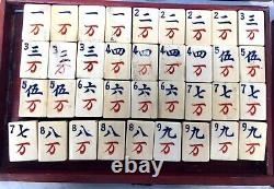 Antique Bone And Bamboo Mahjong Set In Wooden Travel Case / Box Mah Jong Game