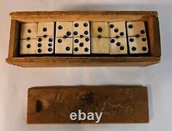 Antique Bone And Ebony Dominoes In Wooden Box Set Of 28