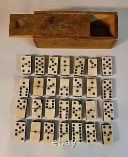 Antique Bone And Ebony Dominoes In Wooden Box Set Of 28