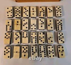 Antique Bone And Ebony Dominoes In Wooden Box Set Of 28