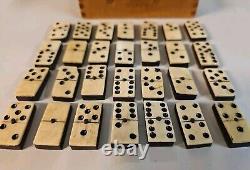 Antique Bone And Ebony Dominoes In Wooden Box Set Of 28